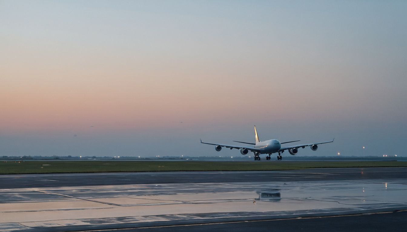 Piste d'aéroport au crépuscule, un avion au loin, tarmac humide