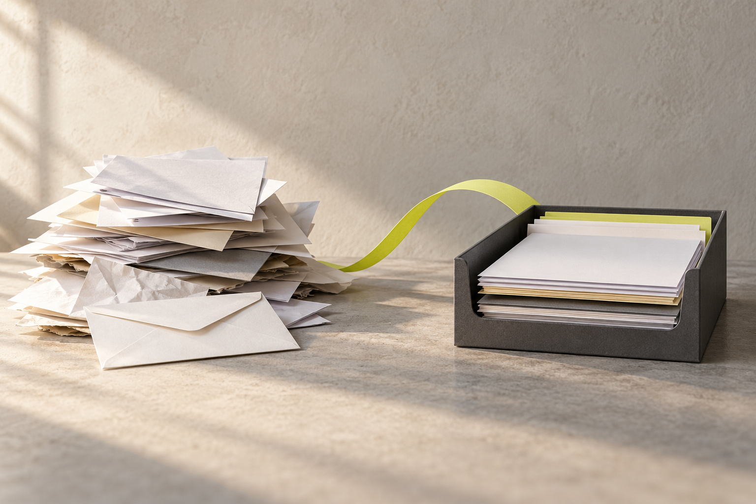 Illustration de documents regroupés dans un bac de suivi, reliés par un ruban jaune