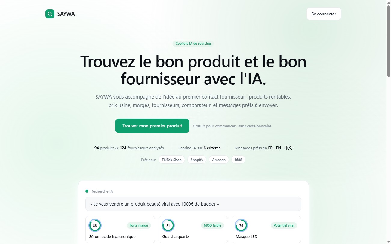 Capture réelle de SAYWA SourcingAI : trouver produit et fournisseur avec l'IA