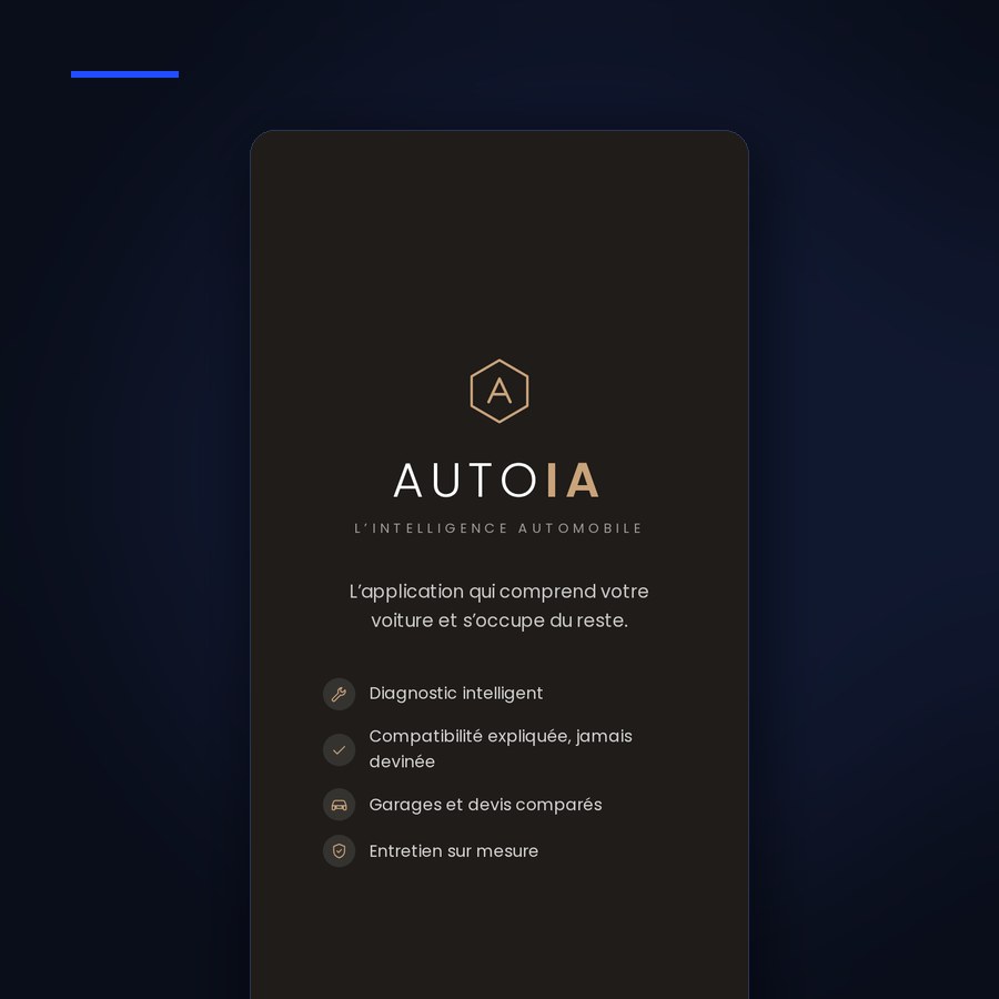 Capture d'AutoIA sur telephone : l'ecran d'accueil listant le diagnostic, la compatibilite expliquee, les devis compares et l'entretien sur mesure