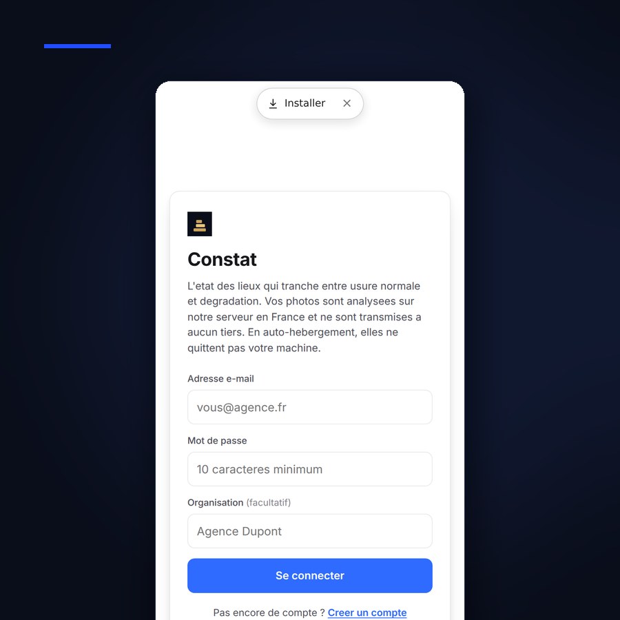 Capture de SAYWA Constat sur telephone : l'ecran d'ouverture de session, avec le nom du produit et son acces par adresse e-mail