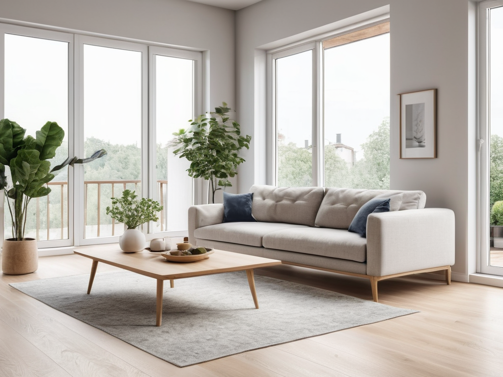 Un séjour lumineux meublé d'un canapé gris, d'une table basse en bois et de plantes, devant de grandes baies vitrées