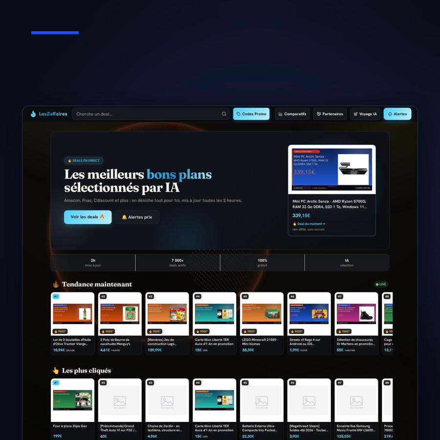 Capture de LesZaffaires dans un navigateur : la page de bons plans et codes promo du jour