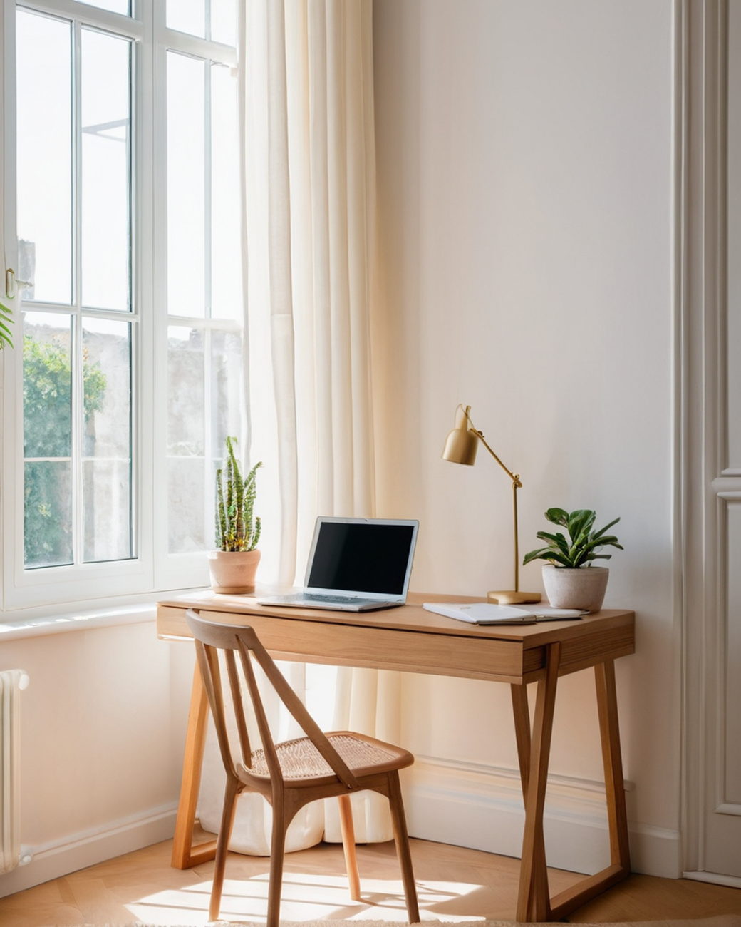Un bureau en bois clair sous une haute fenêtre d’appartement français, ordinateur portable ouvert, lampe en laiton et chaise cannée, dans la lumière du matin